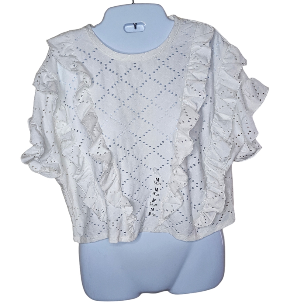 Zara women's white ruffled front crew neck top size M